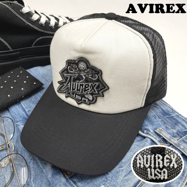 AVIREX ホワイト×ブラック メッシュキャップ スポーツゴルフバイクミリタリーアウトドアワッペン刺繍 野球帽子アビレックスアヴィレックス