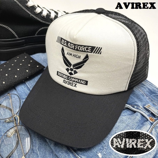 AVIREX ホワイト×ブラック メッシュキャップ スポーツゴルフバイクミリタリーアウトドア刺繍野球帽子トラック アビレックスアヴィレックス