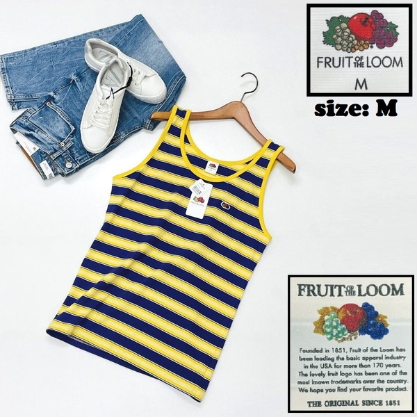 FRUIT OF THE LOOM /M/ ボーダーイエロータンクトップ 生地コットンスポーツバイクキャンプアウトドアヴィンテージ感 フルーツオブザルーム