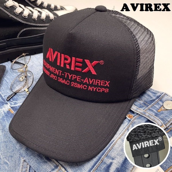 AVIREX ブラック メッシュキャップ スポーツゴルフ バイクミリタリートラック キャンプ 釣り レッド刺繍 帽子 アビレックス アヴィレックス