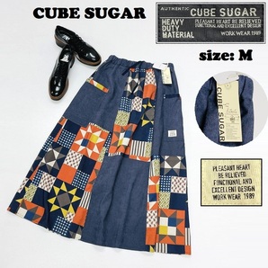CUBE SUGAR /M/ ネイビー ロングスカート ギャザー コーデュロイ 切替タグ付きオレンジキャンプ生地ストレッチアウトドア キューブシュガー