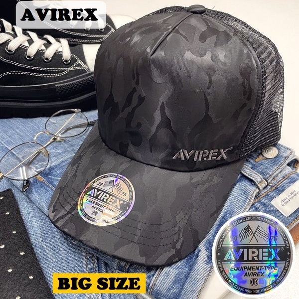 AVIREX ブラック メッシュキャップ スポーツゴルフ バイク ミリタリートラック シール刺繍 大きいサイズ 帽子 アビレックス アヴィレックス