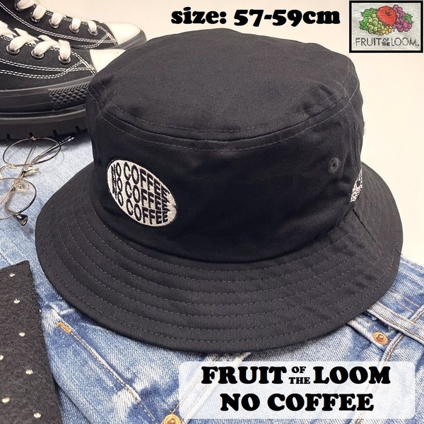 NO COFFEE×FRUIT OF THE LOOM ブラック バケットハット ゴルフ帽子 ホワイト刺繍 ワッペン生地コットン フルーツオブザルームノーコーヒー