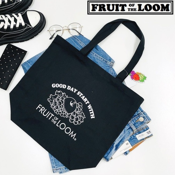 FRUIT OF THE LOOM ブラック トートバッグ タグ付き ホワイトロゴ スポーツ ゴルフ キャンプ アウトドア カジュアル フルーツオブザルーム