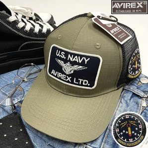 AVIREX グリーン系×ブラック メッシュキャップ スポーツゴルフ バイクミリタリー トラック ワッペン 野球帽子 アビレックスアヴィレックス