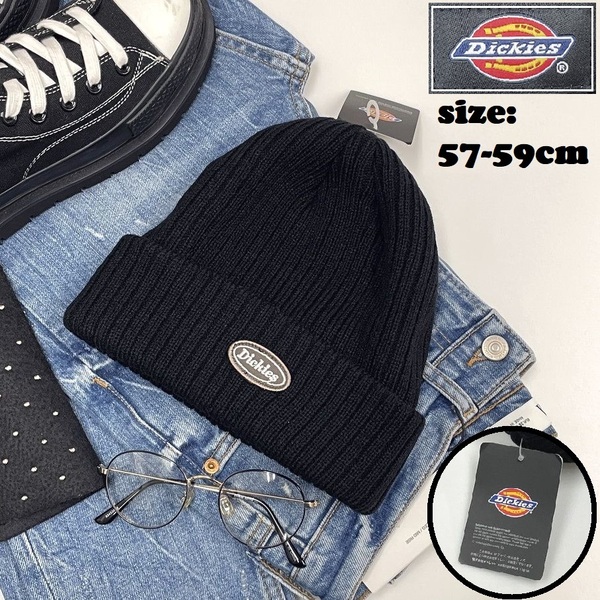Dickies ブラック ニットキャップ タグ付き アウトドアキャンプゴルフスポーツ 帽子バイクホワイトロゴワッペン アクリル生地 ディッキーズ