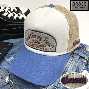 BROSS ホワイト×ブルー×ベージュ メッシュキャップ ワッペン 生地コットンナイロン混 スポーツゴルフ釣りバイクトラック 野球帽子 ブロス