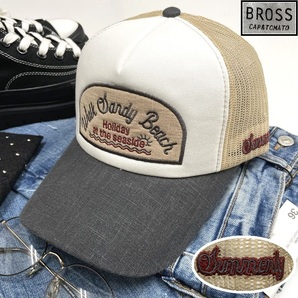 BROSS ホワイト×ブラック系×ベージュ メッシュキャップ ワッペン 生地コットンナイロン混スポーツゴルフ バイクトラック 野球帽子 ブロス