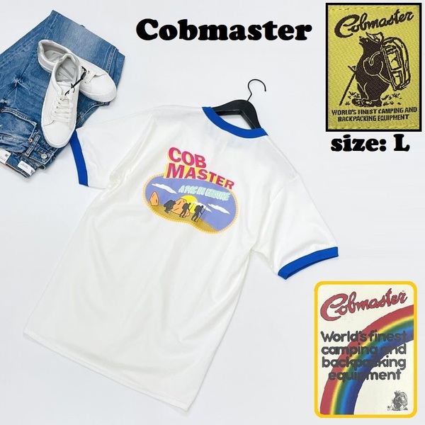 Cobmaster /L/ ブルー×ホワイト リンガー半袖Tシャツ トップス 生地コットン タグ付き アウトドア キャンプ スポーツ バイク コブマスター