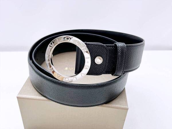 美品 BVLGARI ブルガリ マン グレインレザー メンズ ベルト ラウンドバックル 黒 シルバー