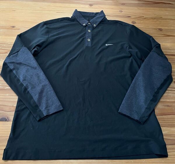 送料込み!NIKEGOLF 長袖ポロシャツ 美品 黒×グレー Lサイズ ナイキゴルフ DLYfit GOLF ゴルフウェア ボタンダウン 長袖シャツ