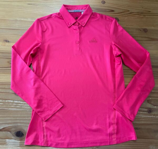 送料込み!adidas 長袖ポロシャツ 美品 赤 ピンク Mサイズ ボタンダウン アディダス GOLF ゴルフウェア 長袖シャツ