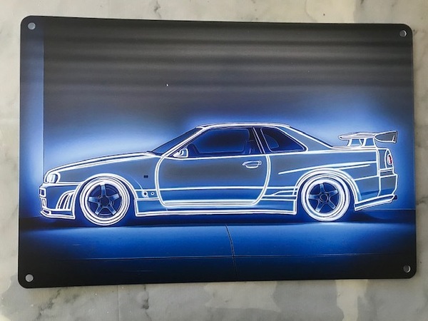 かっこいい!オフ会で目立つ!スカイライン GT-R R34ロゴ 大盤金属のアート看板 お部屋に・ガレージに! 送料サービス