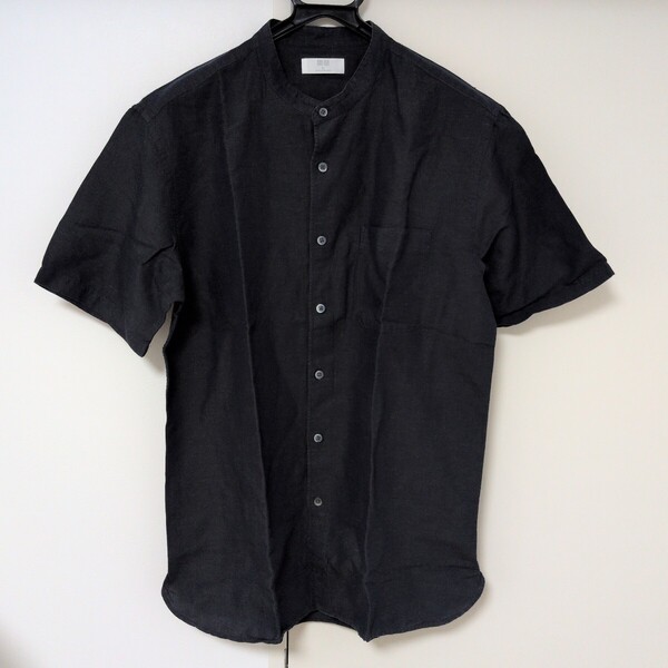 【中古】ユニクロ UNIQLO リネンシャツ スタンドカラー 半袖 無地 シャツ XL ネイビー メンズ 立襟 立ち襟