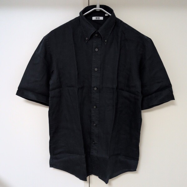 【中古】【UNIQLO U】ユニクロ リネンシャツ 半袖 紺 ボタンダウン メンズ Lサイズ シャツ ネイビー 無地 ボタンダウンシャツ
