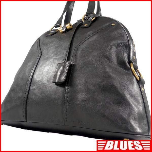 即決★YVES SAINT LAURENT★オールレザーハンドバッグ イブサンローラン 黒 本革 手提げバッグ 本皮 旅行 カバン 鍵付き