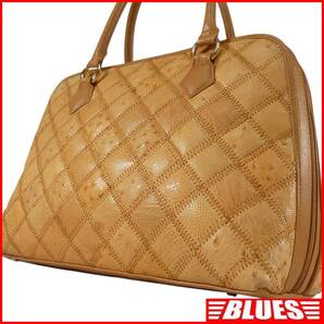 即決★N.B.★オールレザーハンドバッグ オーストリッチ パッチワーク 茶 キャメル 本革 手提げバッグ 本皮 旅行 カバン 出張 鞄 通勤