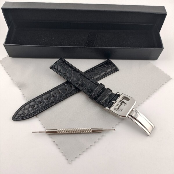 19mm 腕時計 アリゲーターレザー ワニ革 ベルト ブラック 黒 Dバックル付属 【対応】IWC ポルトギーゼ パイロット ポートフィノ等