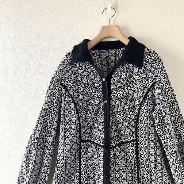 送料無料 花柄 レース カットワーク 刺繍 切替 長袖 ブラウス シャツ エスニック チュニック ストレッチ 黒 ブラック L