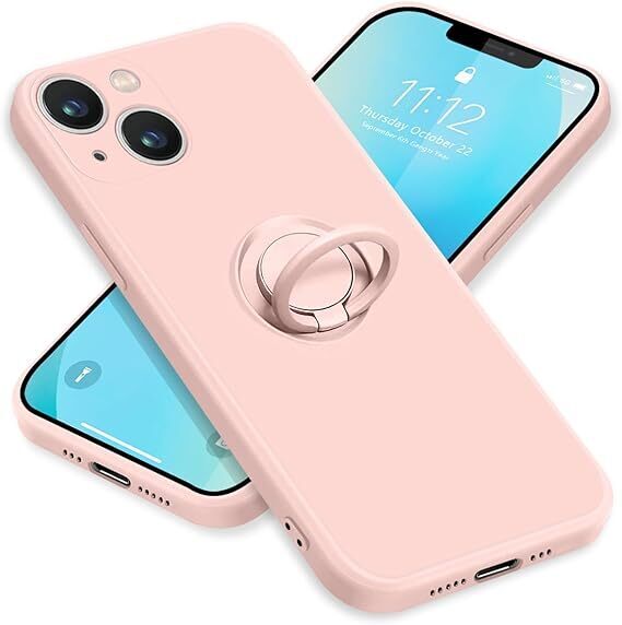 iPhone13 Mini ケース リング付き シリコン アイフォン13Mini スマホケース スタンド機能 ストラップホール付き(ピンクベージュ)