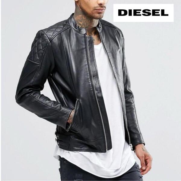 送料無料 DIESEL ディーゼル 本革 ラムレザー シングル ライダースジャケット レザージャケット XS ブラック