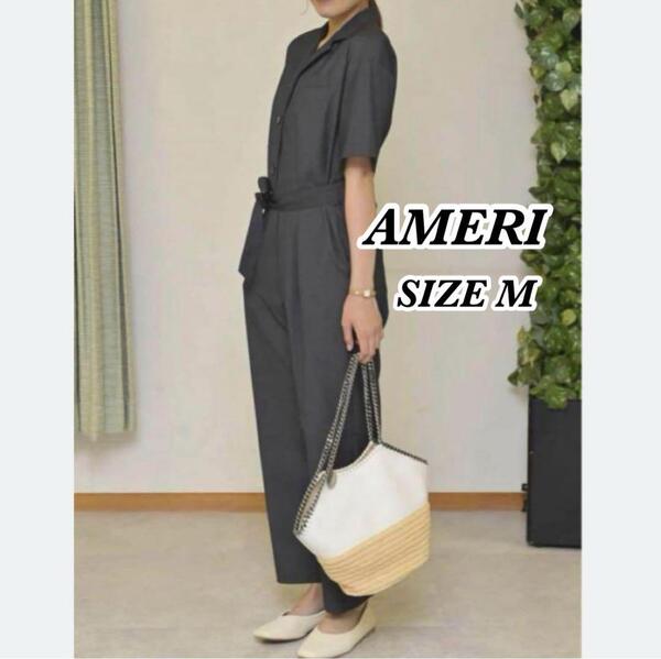 送料無料 良品 川口春奈さん着用 AMERI アメリ ジャンプスーツ ベルト付 オールインワン サロペット チャコールグレー 半袖 M