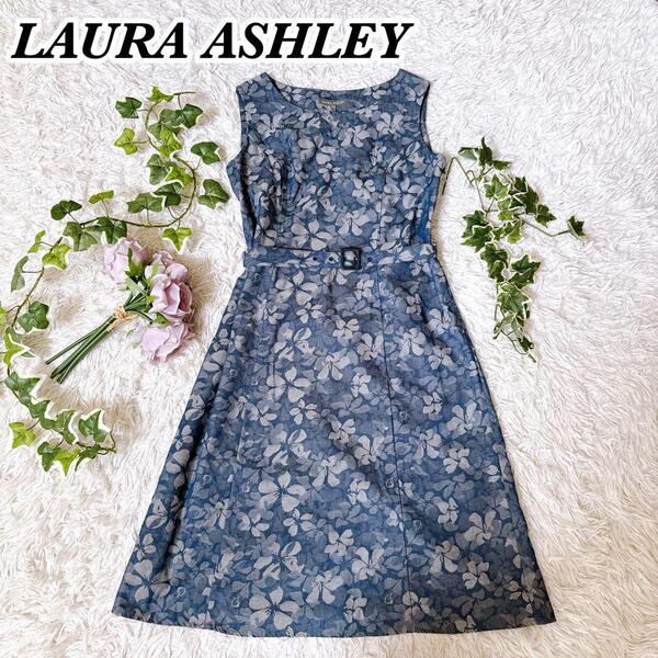 送料無料 LAURA ASHLEY ローラアシュレイ 花柄 デニム風 ノースリーブ ワンピース サイズ11 Lサイズ 相当 ベルト付き
