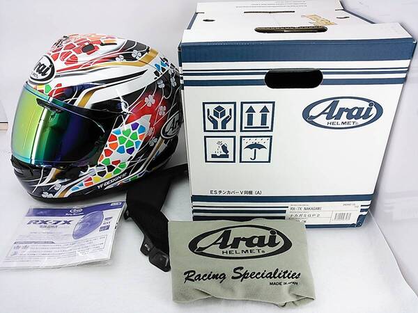 【送料無料】程度上 Arai アライ RX-7X NAKAGAMI GP2 ナカガミ Lサイズ ミラーシールド&レーシングスポイラー&元箱付き ヘルメット