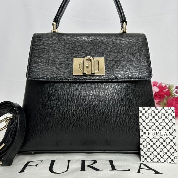【極美品/現行】FURLA フルラ 1927 2way ショルダーバッグ ハンドバッグ レザー ターンロック 斜め掛け 手提げ ブラック 黒 レディース