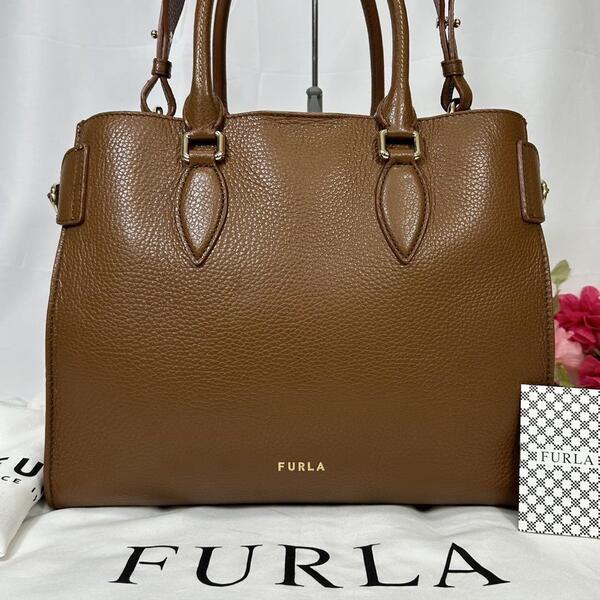 【極美品/保存袋付】FURLA フルラ ゾーン 2way ショルダーバッグ ハンドバッグ レザー 手持ち ブラウン 茶 A4可 通勤 通学 レディース