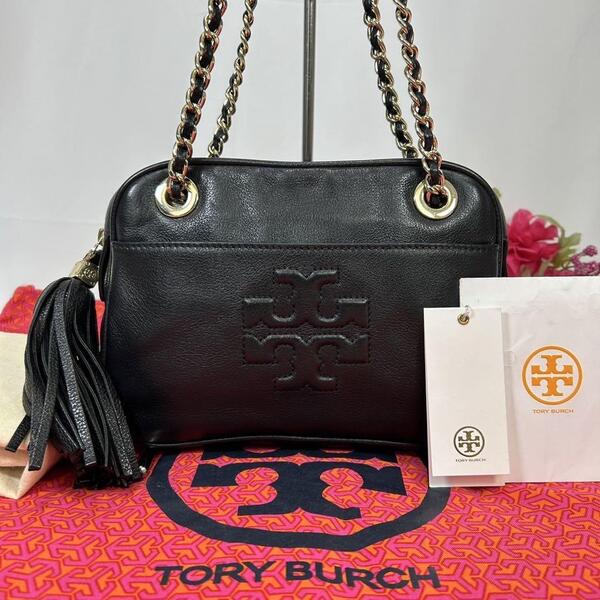 【極美品/保存袋付】TORY BURCH トリーバーチ チェーンショルダーバッグ ハンドバッグ レザー デカロゴ タッセル ブラック 黒 レディース