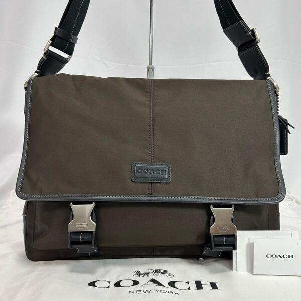 【極美品】COACH コーチ 70680 メッセンジャーバッグ ショルダーバッグ レザー ナイロン 斜め掛け ブラウン 茶 A4可 通勤 大容量 メンズ