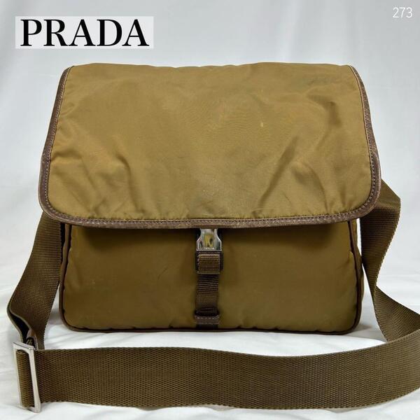 【美品】PRADA プラダ メッセンジャーバッグ ショルダーバッグ ナイロン レザー プレート 斜め掛け ベージュ 黄土色 メンズ レディース