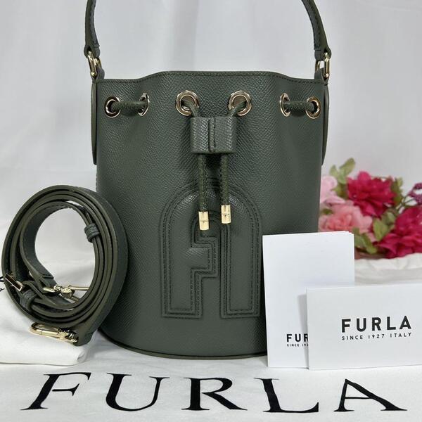 【未使用級/付属品完備】FURLA フルラ クリオ 巾着 2way ショルダーバッグ ハンドバッグ レザー 斜め掛け カーキ グリーン レディース