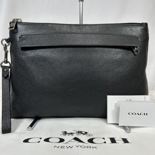 【極美品/ストラップ付】COACH コーチ 28614 クラッチバッグ セカンドバッグ ビジネスバッグ シボ革 レザー 手提げ ブラック 黒 メンズ