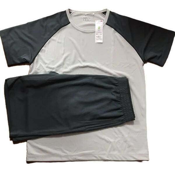 新品 タグ付き イオン メッシュ T スーツ パジャマ 上下セット 薄黒 グレー 半袖 メンズLサイズ