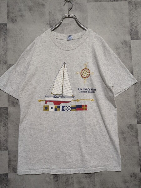 USA製 ヨットTシャツ グレー 古着 シングルステッチ 丸胴ボディ 丸首 半袖プリントTシャツ L アメカジ OSAGARI