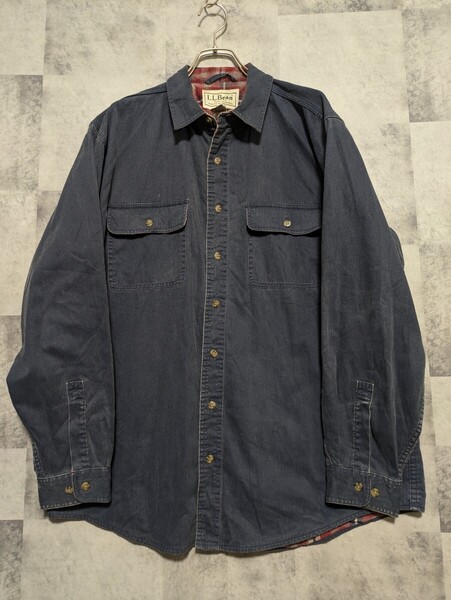 L.L.bean エルエルビーン ワークシャツ 裏地ネル チェック柄 L 無地シャツ 古着 ネイビー フェード OSAGARI