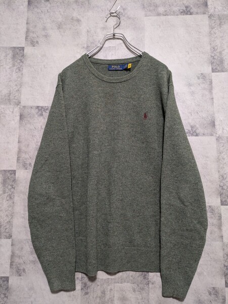 美品 ポロラルフローレン POLO RALPH LAUREN ウール ニット L クルーネックセーター 丸首 グリーン 毛 100% OSAGARI