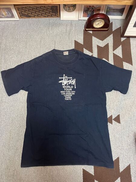 【90s 白タグ】STUSSY WORLD TOUR Tシャツ Lサイズ USA製 ネイビー ヴィンテージ