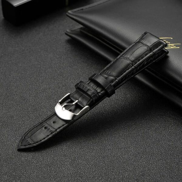 時計バンド 革ベルト ラグ幅20mm バネ棒付き レザーベルト 時計ベルト クロコ型押し 替えベルト 黒 ブラック バネ棒付き