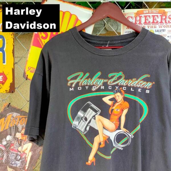 Harley-Davidson ハーレーダビッドソン Tシャツ XL 相当 ピンナップガール 両面プリント 黒 ブラック 10650