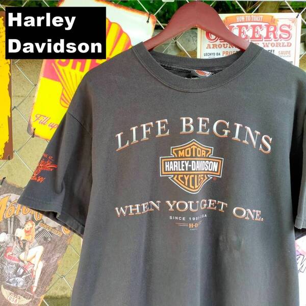 Harley-Davidson ハーレーダビッドソン USA製 Tシャツ L “LIFE BEGINS WHEN YOU GET ONE.” 黒 ブラック 10654