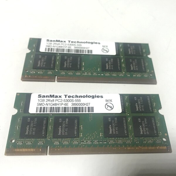 送料無料 デバイス認識まで確認 SanMax 1GBx2枚(2GB) PC2-5300S-555 SMD-N1G48H1P-6E SO-DIMM メモリ DDR2-667 必ず内容確認
