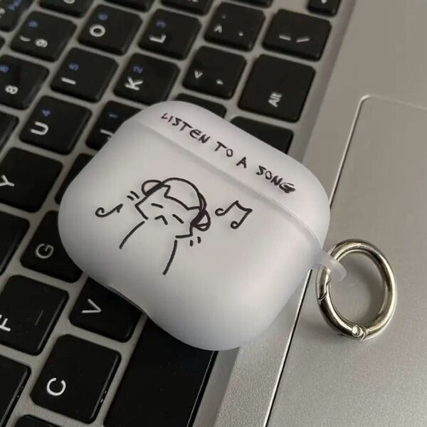 送料無料 新品 AirPods Pro2 ケース カバー 猫 ポリウレタン TPU 白 半透明 cat ニャンコ エアポッツ プロ 保護 入れ物 リング付き Apple