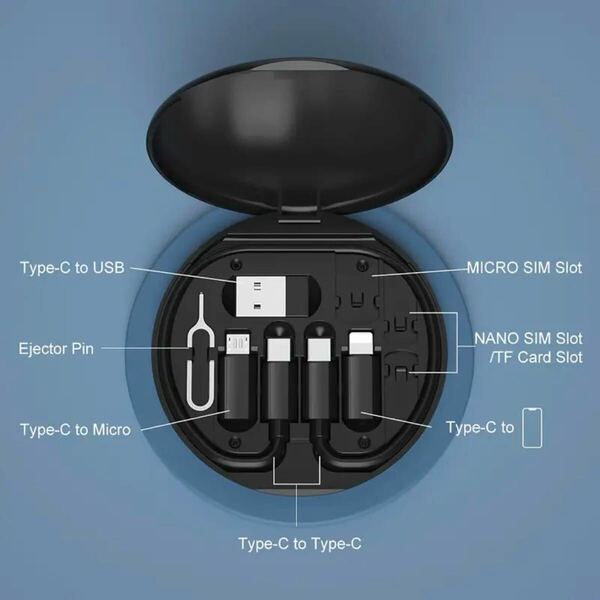送料無料新品 黒 充電ケーブル アダプター 変換 セット USB type-A type-C type-B lightning SiMピン スロット スマホ スタンド コンパクト