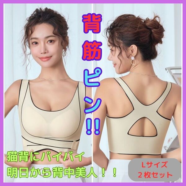 猫背矯正ブラ 2枚セット ベージュ L 姿勢サポートブラ ナイトブラ 補正 育乳ブラ