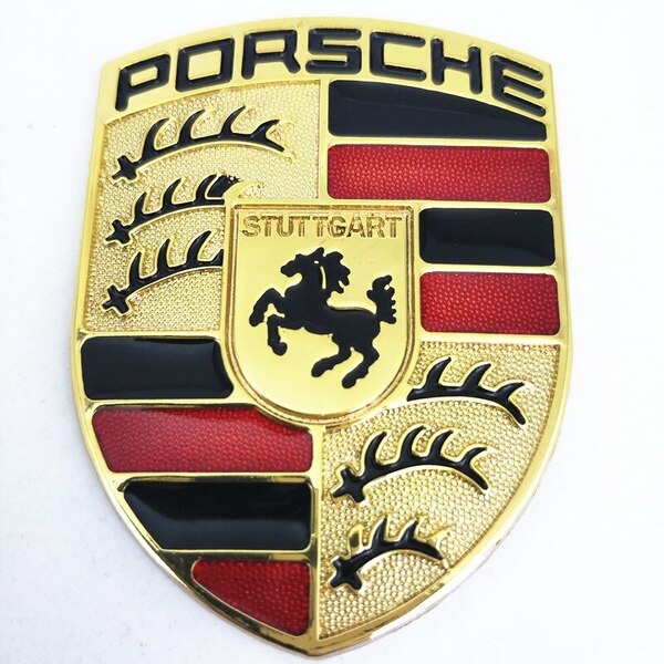 【ゆうパケット送料込】PORSCHE(ポルシェ) 3Dエンブレム(両面テープ付) ゴールド 縦6.8cm×横5.2cm 金属製