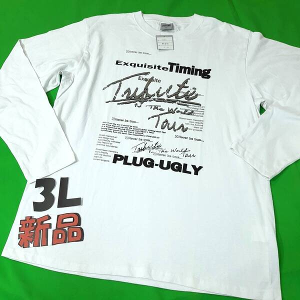 N7★新品 送料無料★ロゴプリント Tシャツ★長袖 ストレッチ スムース カットソー★メンズ 3L 大きいサイズ ホワイト白色 男女兼用