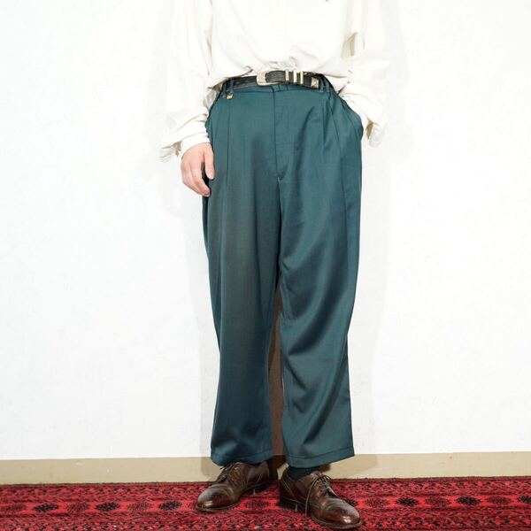 EU VINTAGE FASHON NEWS GREEN COLOR TUCK DESIGN SLACKS PANTS/ヨーロッパ古着グリーンカラーデザインスラックスパンツ